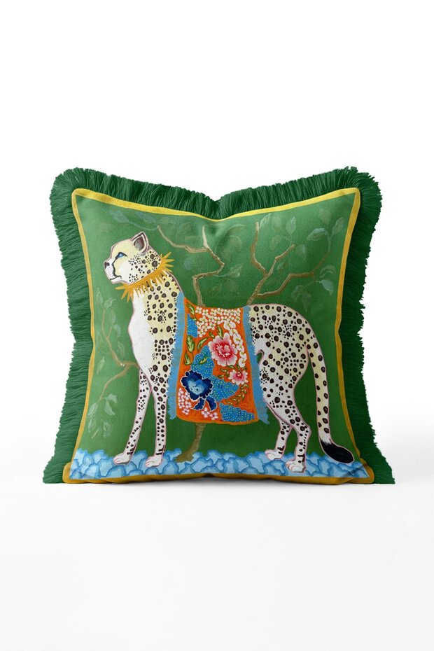 Green Cheetah Figured Fringed Throw Pillow Cover - Botanical Decorative Pillow Cover with Green Tassels