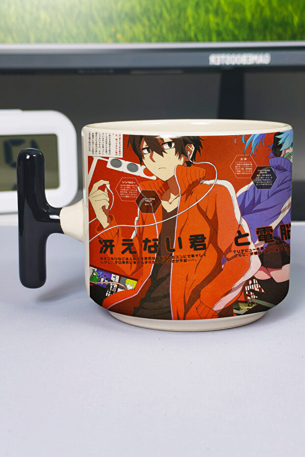 كوب سيراميك فاخر مطبوع عليه رسومات أنمي من Kagerou Project (قطعة واحدة) على شكل حرف T بمقبض أسود خاص بمقبض مموج V5T