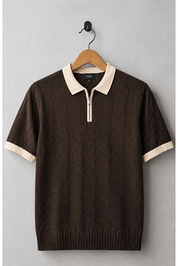 Polo Collar Zipper Patterned Old Money Knitted First Quality Soft Short Sleeve Men's T-Shirt