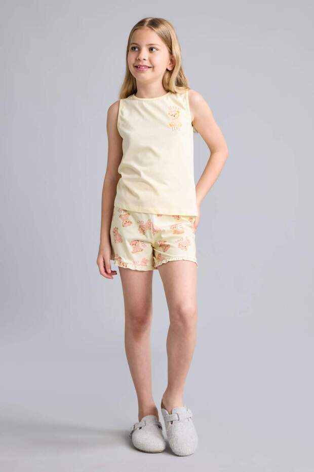 100% Cotton Regular Fit Teddy Bear 2-Piece Light Yellow Pajama Set for Girls H8113A826Sm