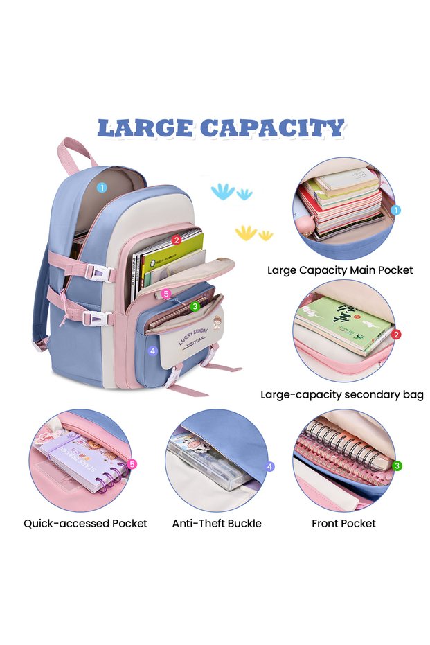 5-Piece School Backpack Set, Cute Casual Student Backpack with Tote Bag, Pencil Case, Crossbody Bag & Coin Purse, Lightweight Large Capacity Daypack for Girls Boys