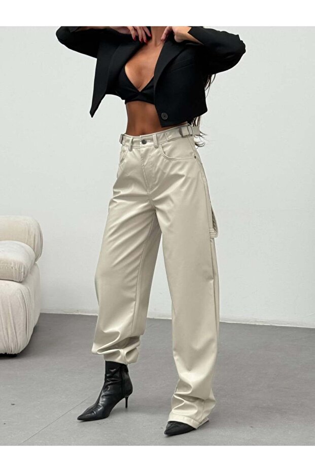 Women's Leather Carpenter Wide Leg Lycra Pants High Waist