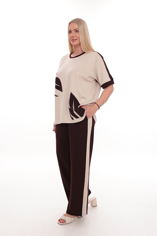 Women's Short Sleeve Print and Stone Detailed Modal Fabric Large Size Tracksuit Set with Side Trims