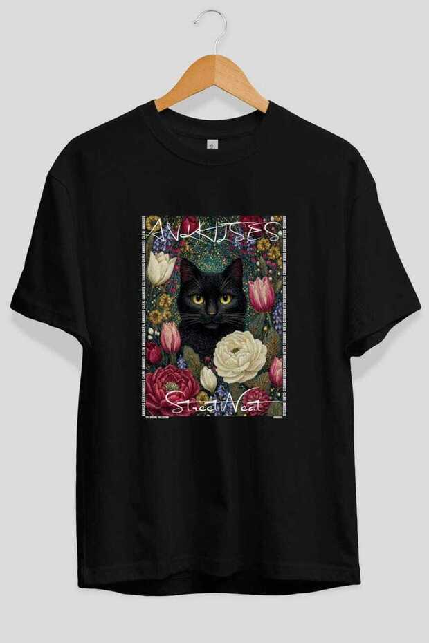 For the Love of Cats 51 Front Cat Printed Black Oversize T-Shirt 100% Cotton Unisex Cat Lover Premium Design