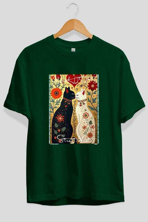 For the Sake of Cats 82 Front Cat Printed Green Oversize T-Shirt 100% Cotton Unisex Cat Lover Premium Design