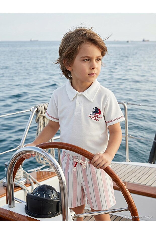 Sailboat Printed Striped Set for 6-9 Years - Red