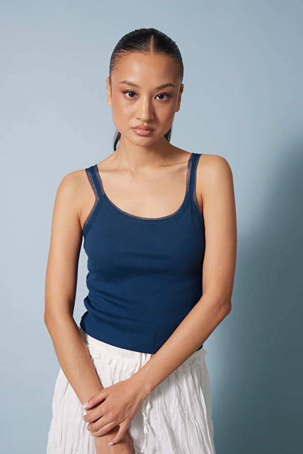Tulle Detailled Tank Top with Collar Indiigo