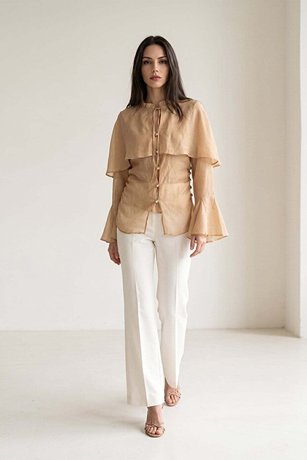 Camel cape button and sleeve detailed blouse