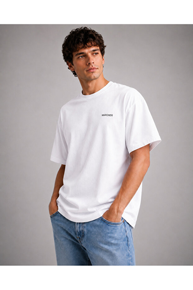 Marcher Erkek Basic Oversize Tişört - Beyaz