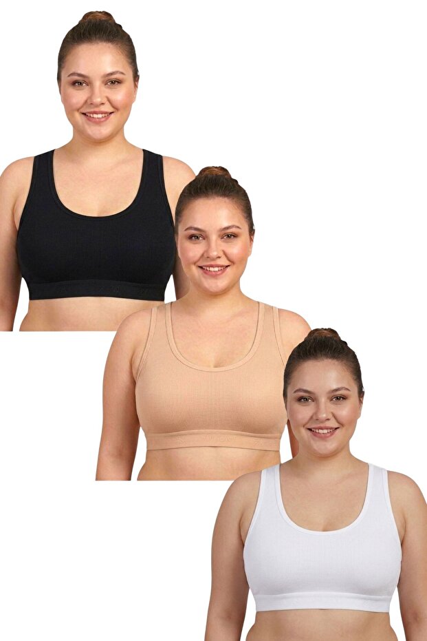 Women's Ribbed Thick Strap Padded Plus Size Bustier 3-Piece Set - 100% Cotton Reportable