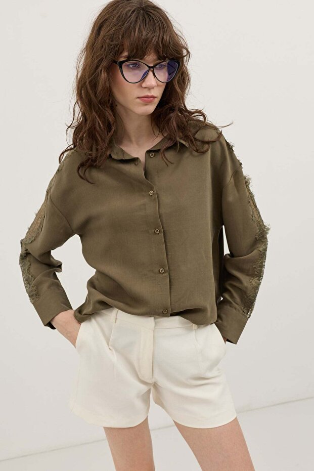 Khaki Sleeve Lace Embroidered Women's Shirt