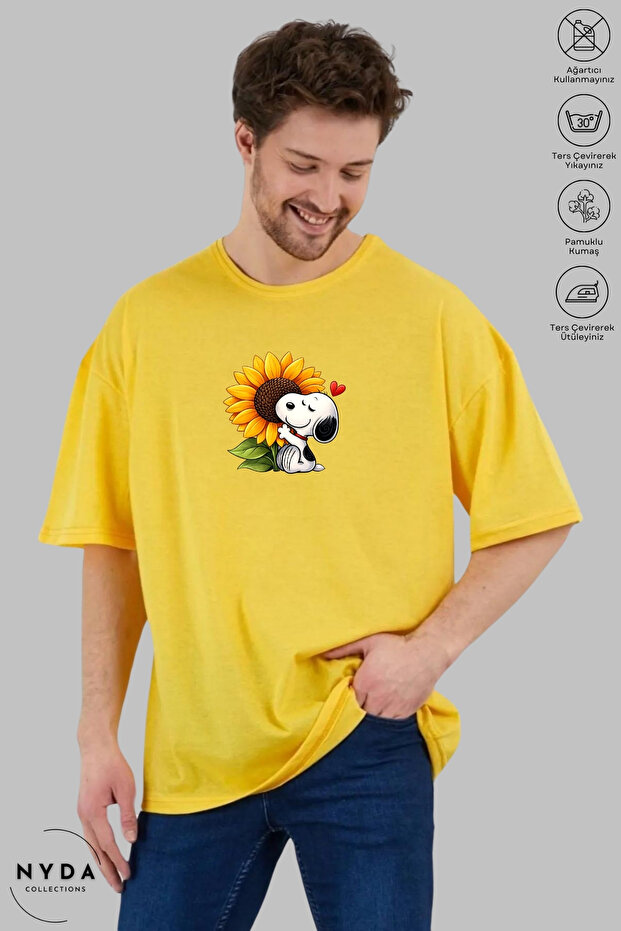 Unisex Crew Neck Snoopy Sunflower Printed Cotton Oversize Short Sleeve T-Shirt