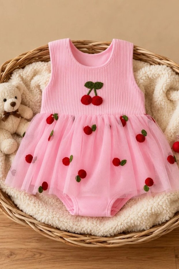 Baby Girl Cherry Appliqué Corduroy Tulle Skirt Snap-On Bodysuit Dress