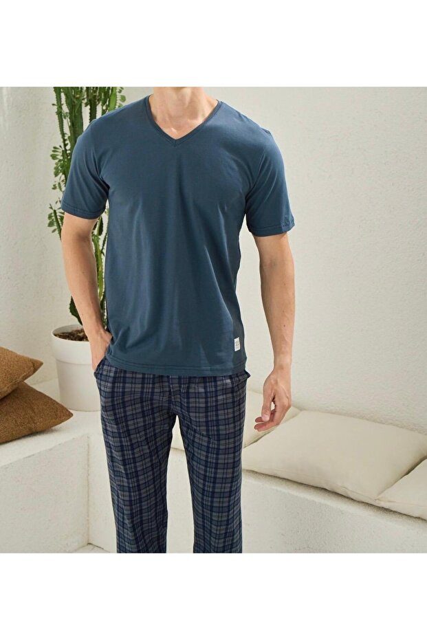 Short Sleeve V-Neck Bottom Plaid Detail Men's Summer Pajama Set