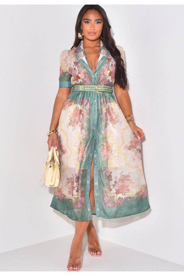 Fabric Model Button Detailed Lined Dress (Belt Included)-2508