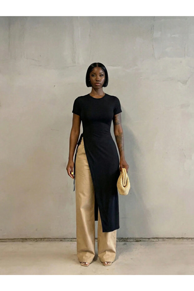 Women's Black Crew Neck Asymmetrical Cut Long Blouse / Tunic with Side Deep Slits and Lace Detail