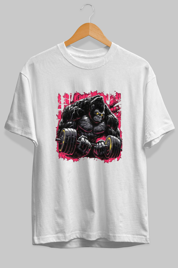 Gym Goril Oversize Front Printed White T-Shirt 100% Cotton Streetwear Premium Comfortable Fit