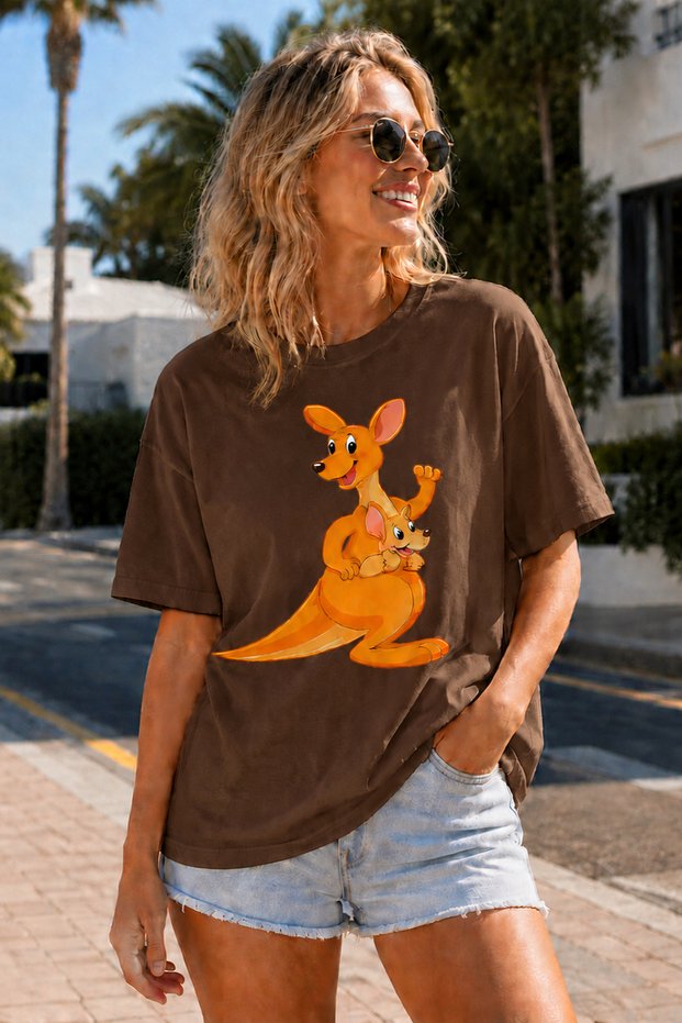 Kangaroo and Baby Kangaroo Printed Unisex Oversize T-Shirt – Cotton Crew Neck Casual T-Shirt