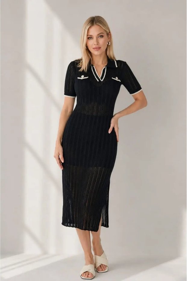 Women's Polo Collar Openwork Summer Knitwear Dress 8272