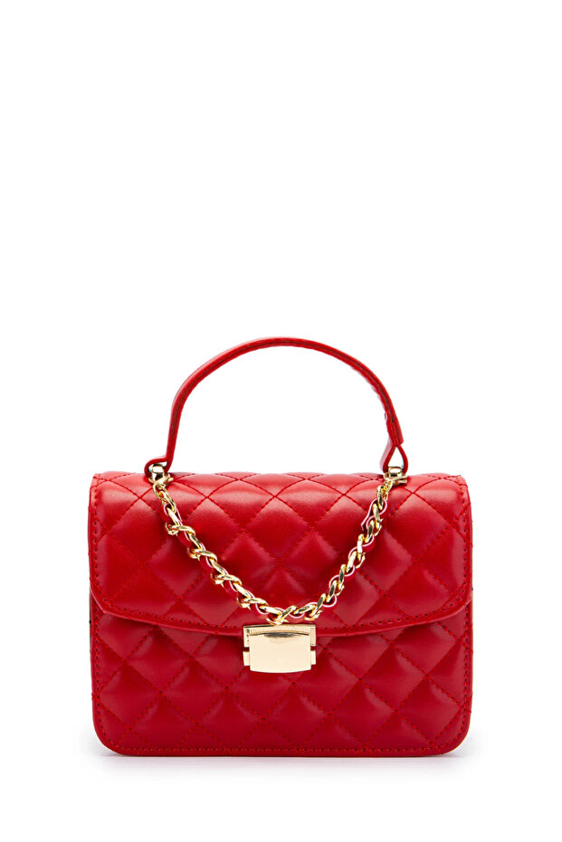 Women's Red Chain Charm Detailed Quilted Leather Hand and Shoulder Bag