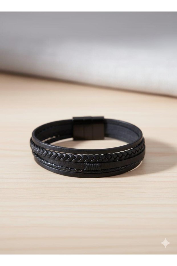 Men's Black Multi-Row Braided Leather Bracelet