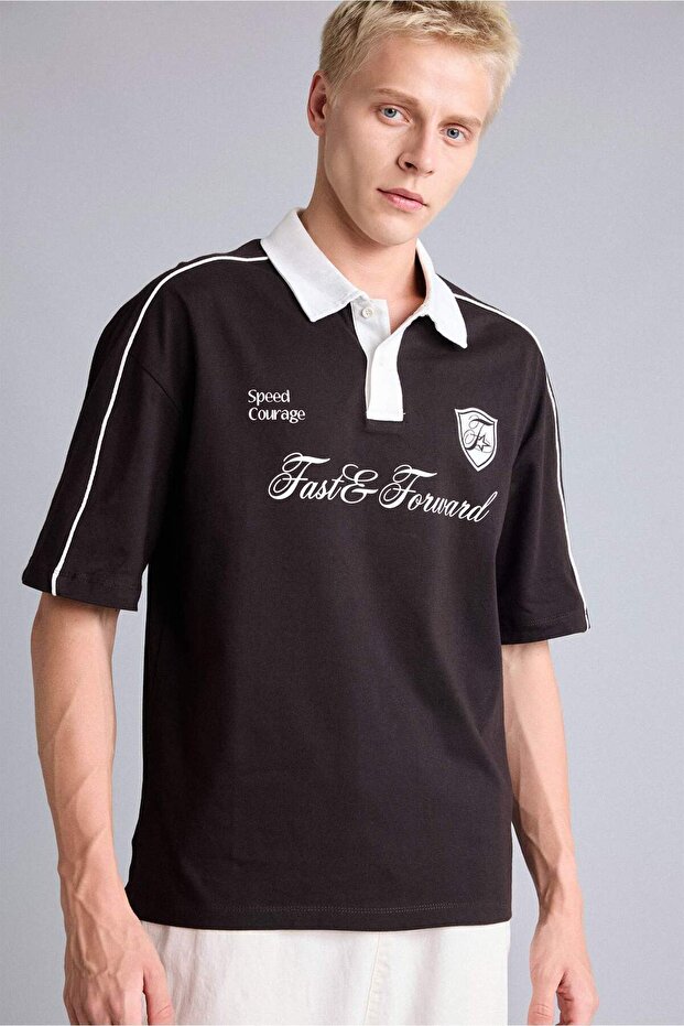 100% Cotton Boxy Fit Printed Short Sleeve Polo Brown T-Shirt H7490Ax26Hs
