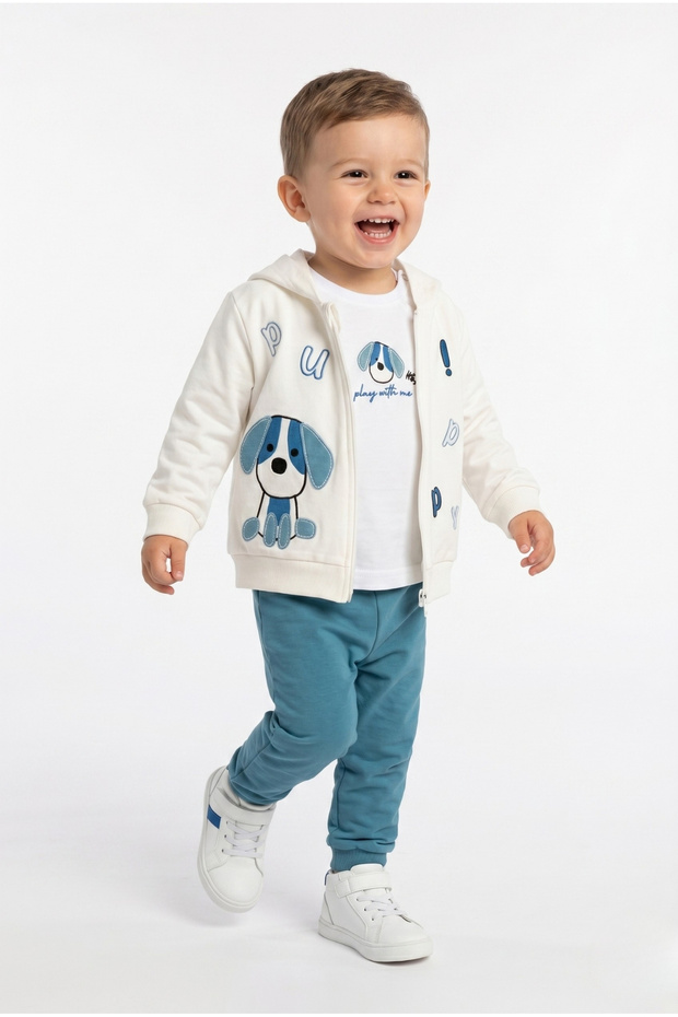 Boys' 3-Piece Tracksuit Set Long Sleeve Crew Neck Embroidered T-Shirt - Hooded Zipper