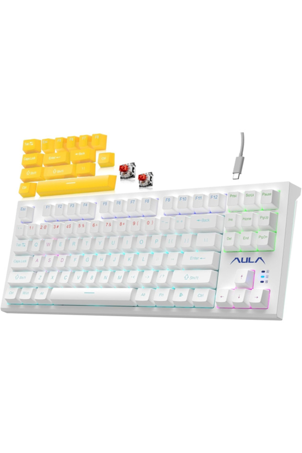 Mechanical F3032 Keyboard, 87 Keys RGB Backlight Gaming Keyboard, Compact Wired Computer Keyboards for Windows PC (White, yellow Switch)