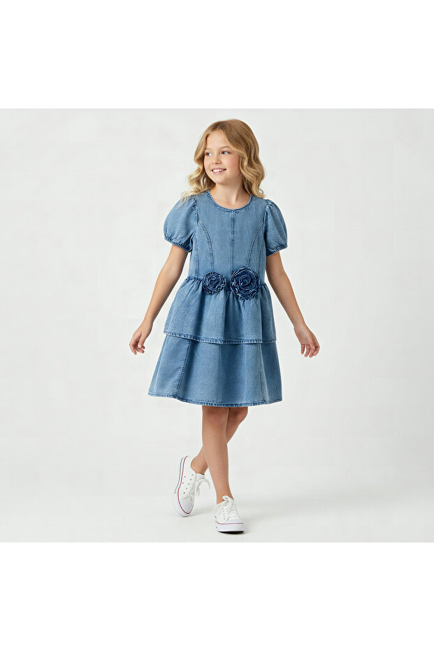 Round Neck Short Sleeve Dress with Floral Applique