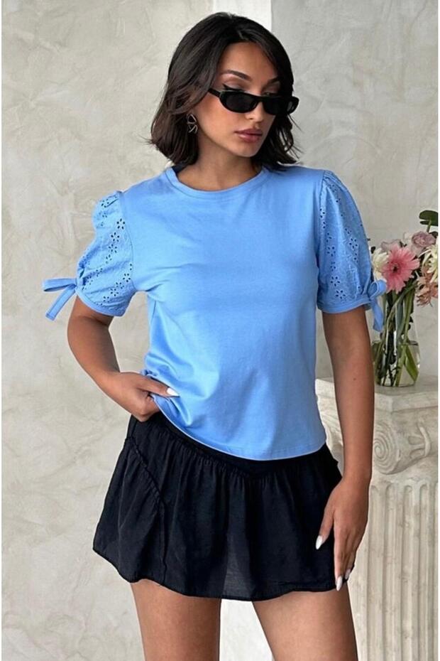 Fistolu Sleeved Blue Bluz T-Shirt