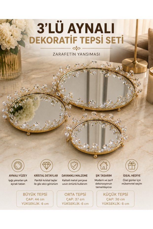 Set of 3 Mirrored Decorative Trays Gold Metal Presentation Tray with Crystal Stone Detail