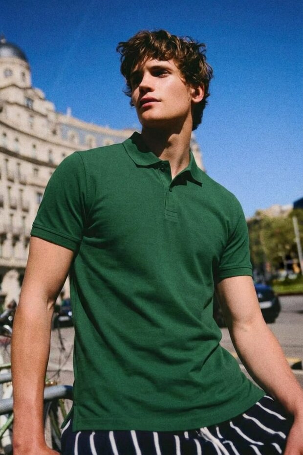 Men's Summer Cotton Green Polo Collar T-Shirt