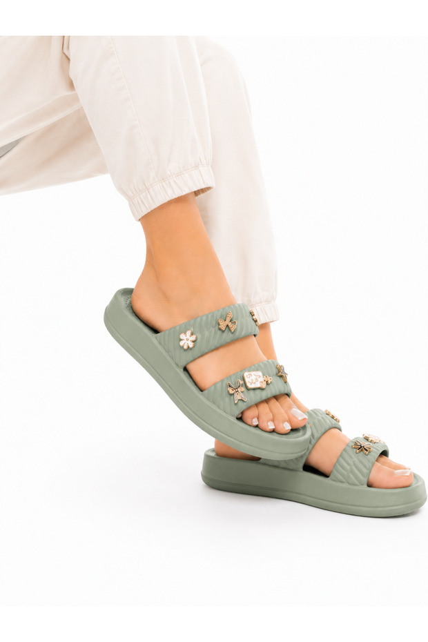 Women's Double-Strapped Slippers with Charm Accessories, Thick Sole Casual Slippers Mint -White