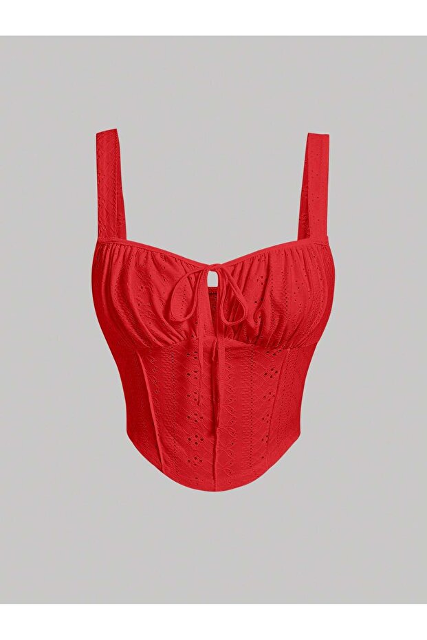Red Embroidered Patterned Chest-Cut Out Front Lace-Up Strap Crop Top, Red Scallop Embroidered Corset Crop Top