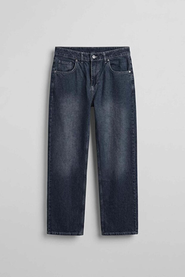 Men's Baggy Washed Jean Trousers Navy Blue