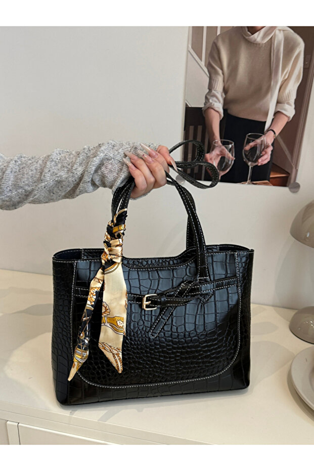 Black Croc-Embossed Shoulder Bag with Scarf Accent