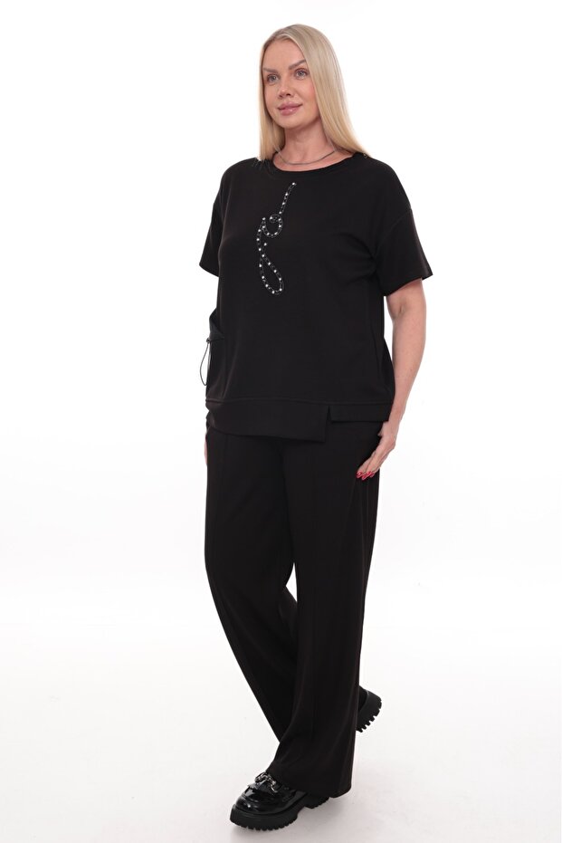 Women's Stylish Large Size Tracksuit Set with Stone Detailing and Modal Fabric