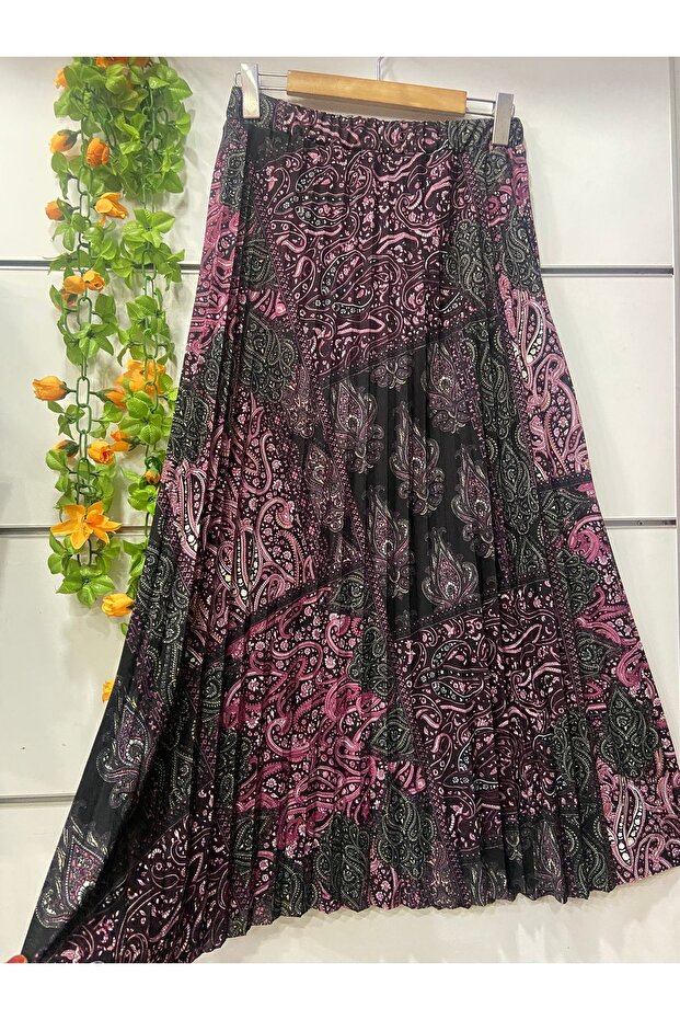 Patterned Pleated Crepe Skirt with Lining