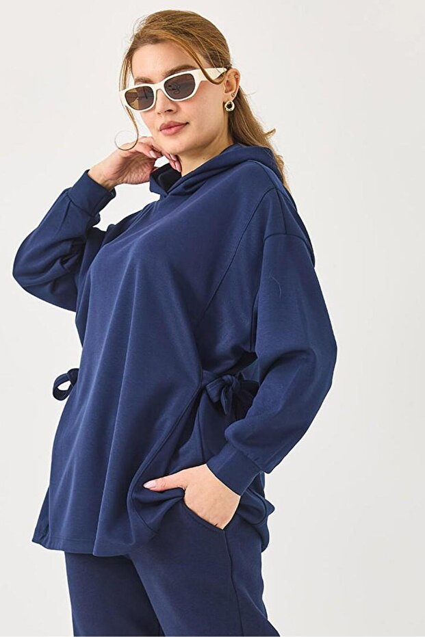 Women's Oversize Modal Tunic with Side Ties, Navy Blue