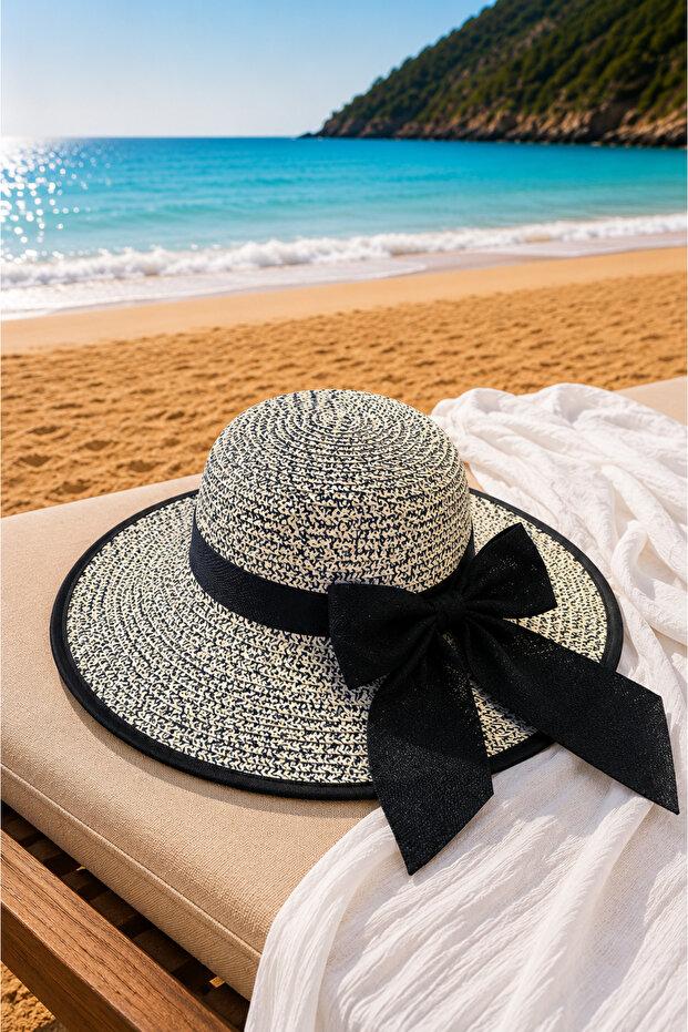 Valencia Bowknot Straw Hat Navy Blue
