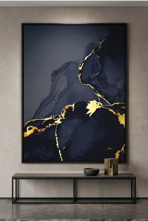 Blue and Gold Abstract Wall Art | Framed Canvas Print with Gold Foil Embossed | Luxury Modern Decor for Living Room, Bedroom, Office & Gift
