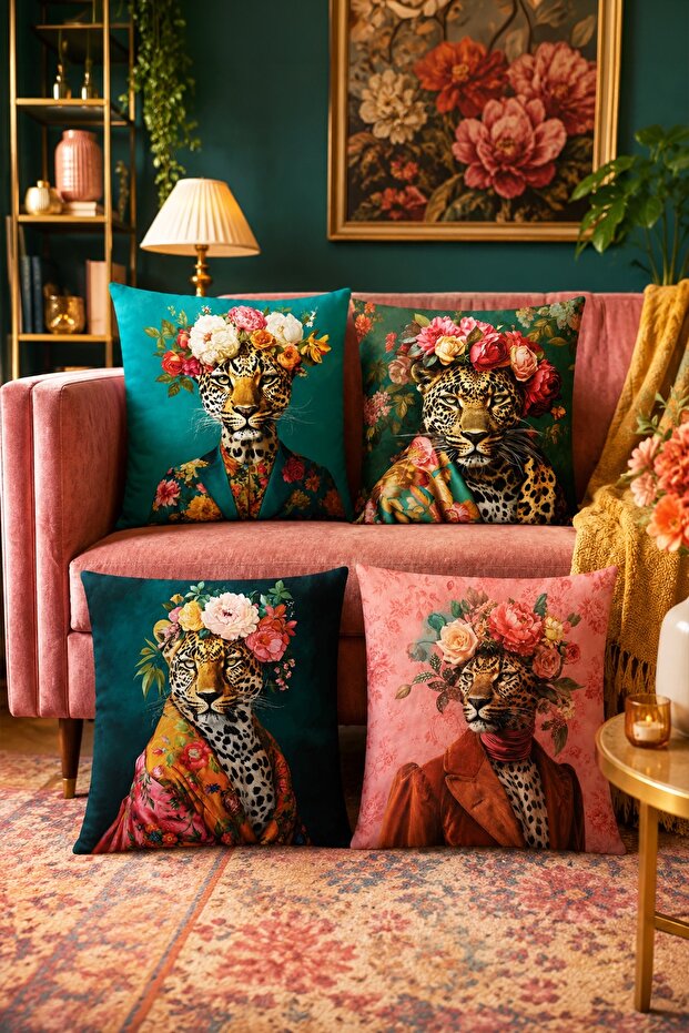 Flower Crowned Leopards Patterned 4-Piece Throw Pillow Cover Set