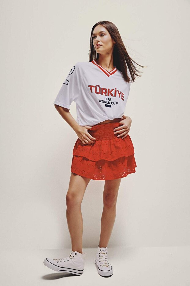 100% Cotton Regular Waist Embroidered Red Mini Skirt H0340Ax26Sm