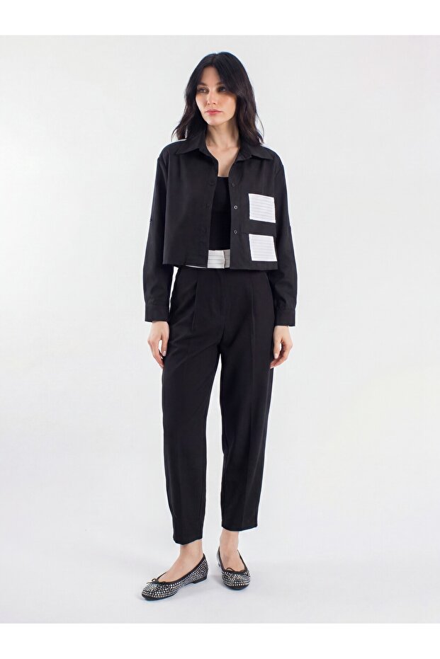 Front Pleated Detailed Pocketed Crop Women's Shirt