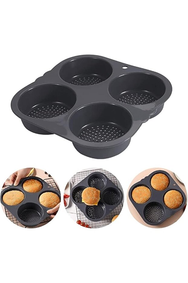 Silicone Hamburger Bun Mold With 4 Cavities, Mesh Baking Pan Non-Stick Loaf Tool For Making Buns Home