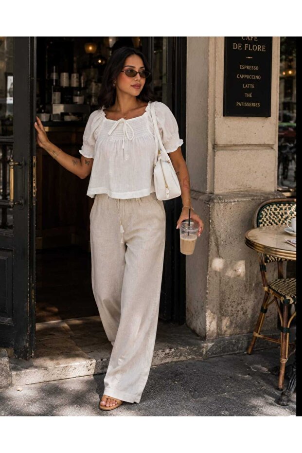 Women's Brode Embroidered Gipe Detailed Carmen Collar Loose Gathered Sleeve Summer Blouse