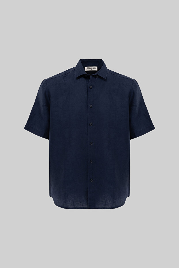 Men's Short Sleeve Oversize Linen Shirt Navy Blue