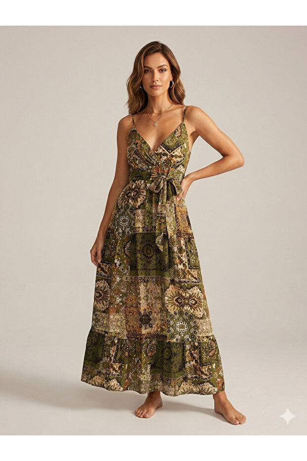 Women's Ethnic Patterned Summer Double-Breasted Strap Long Gypsy Dress 10D-2393