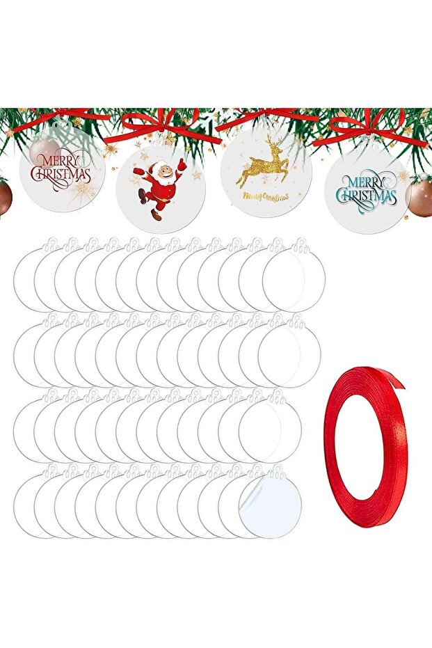 TPGP 50 Pcs Clear Acrylic Christmas Bauble Discs with Red Ribbon for Craft Decoration