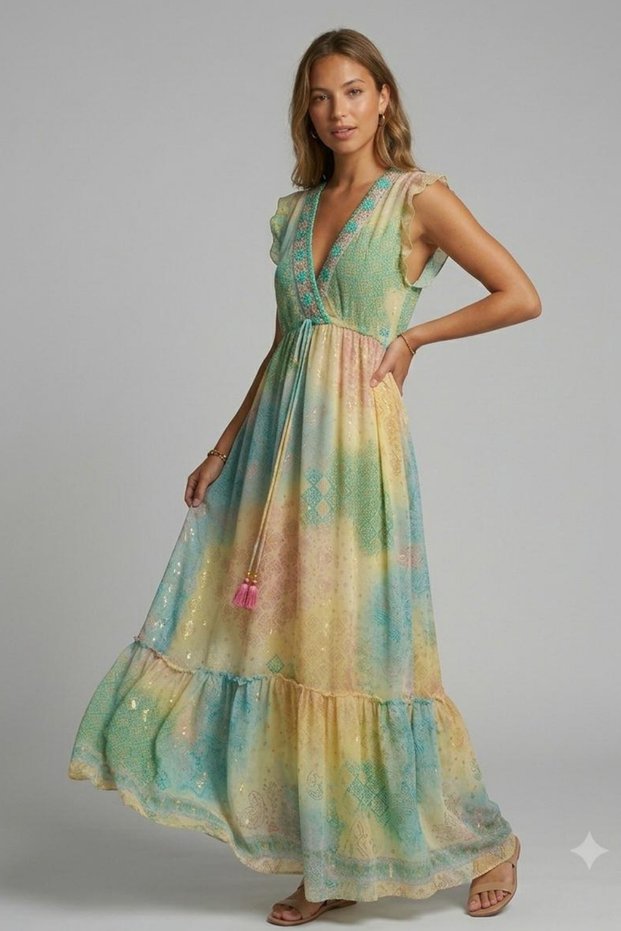 Women's Mint Green Sequin Embroidered Short Sleeve V-Neck Dress Sun390